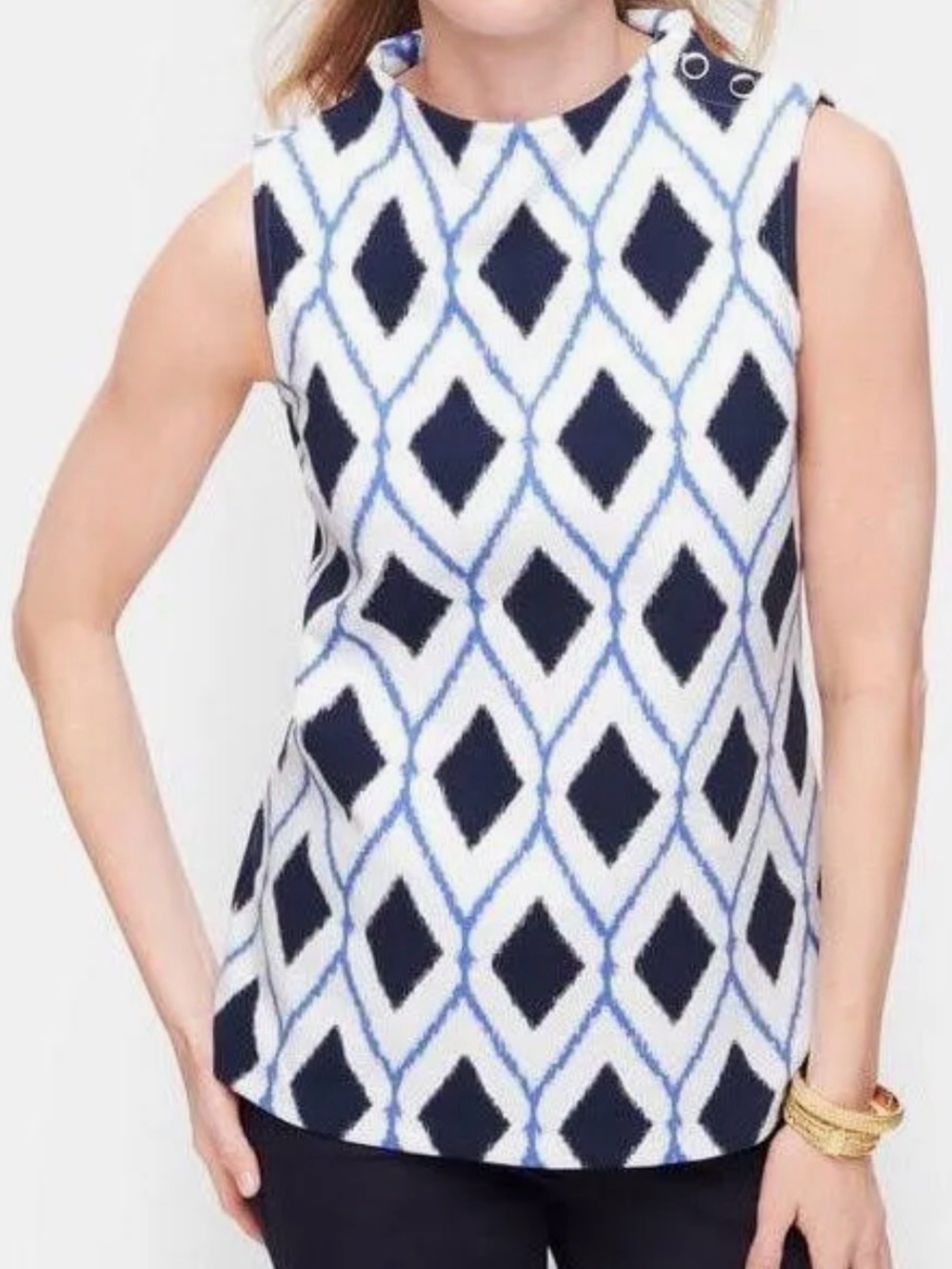 Talbots Plus High Neck Button Shoulder Shell - Diamond Print, Size X